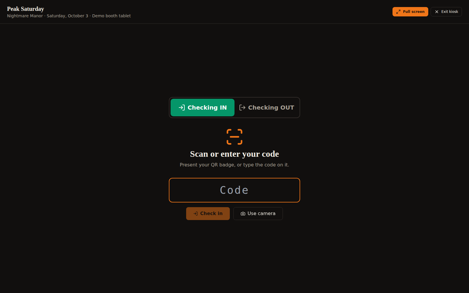 Door kiosk asking for a badge code, with nothing on screen but check in and check out